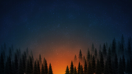 Illustration of a starry night sky with fir trees in the morning at dawn 전나무 배경 밤하늘 일러스트