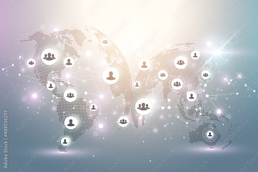 Poster Global network connection. Social network communication in the global business. World map point and line composition concept, illustration.