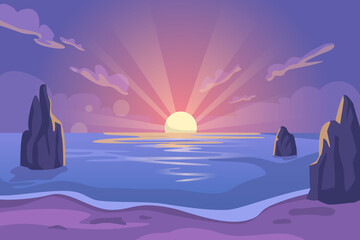 Landscape with sunset or sundown, beach shore with rocks and sand. Vector seascape in the evening or dusk. Summer vacations and rest by sea or ocean, cloudless sky and sunshine. Flat cartoon