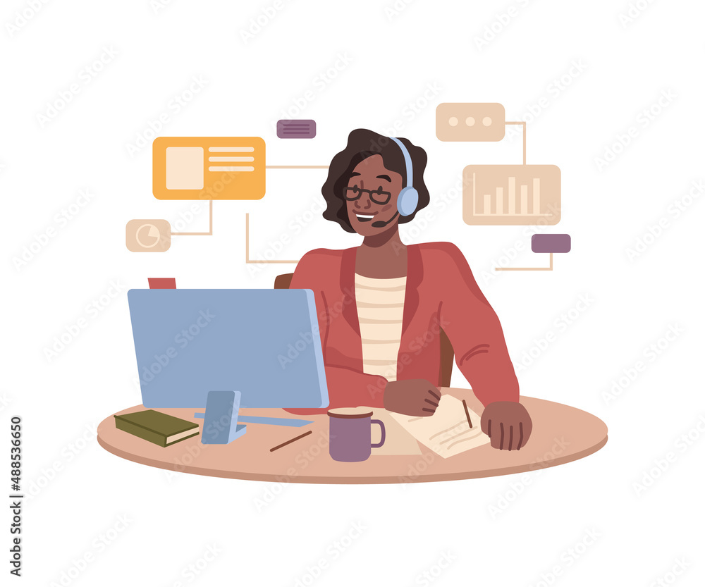 Poster office worker at online meeting or conference. vector woman at workplace using computer and headphon