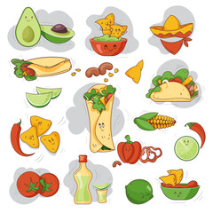 Mexican food set. Vector illustration. Cartoon style.