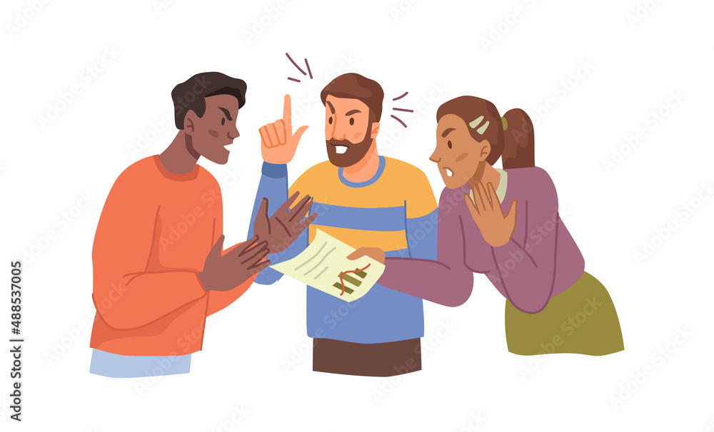Aufkleber Colleagues from work quarreling and having conflict over issues. Vector workers with report paper and analysis having fight. Conflict in team, failing communication and low productivity. Flat cartoon