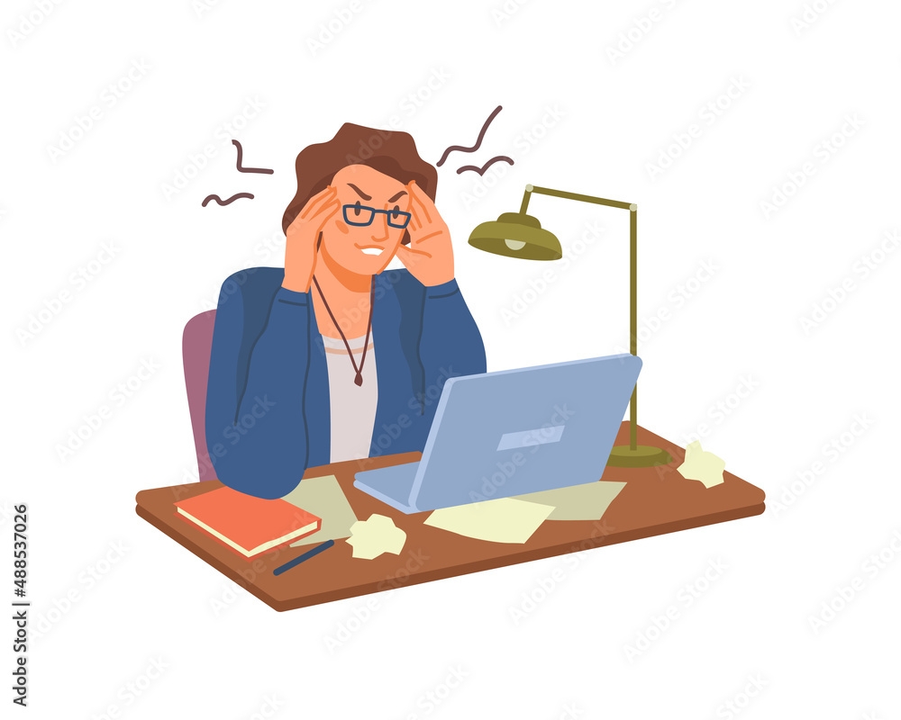 Poster Exhausted or frustrated woman with headache working on computer. Vector stressed employee by laptop dealing with overload and problems with completion of project in time. Flat cartoon character