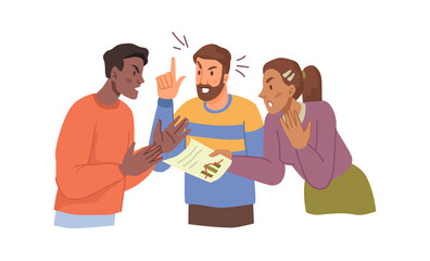 Colleagues from work quarreling and having conflict over issues. Vector workers with report paper and analysis having fight. Conflict in team, failing communication and low productivity. Flat cartoon