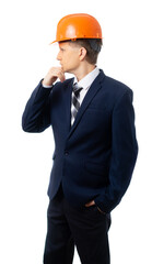 Portrait of a man in a blue business suit with a tie and helmet. builder, foreman, engineer, entrepreneur, businessman. isolated. White background.