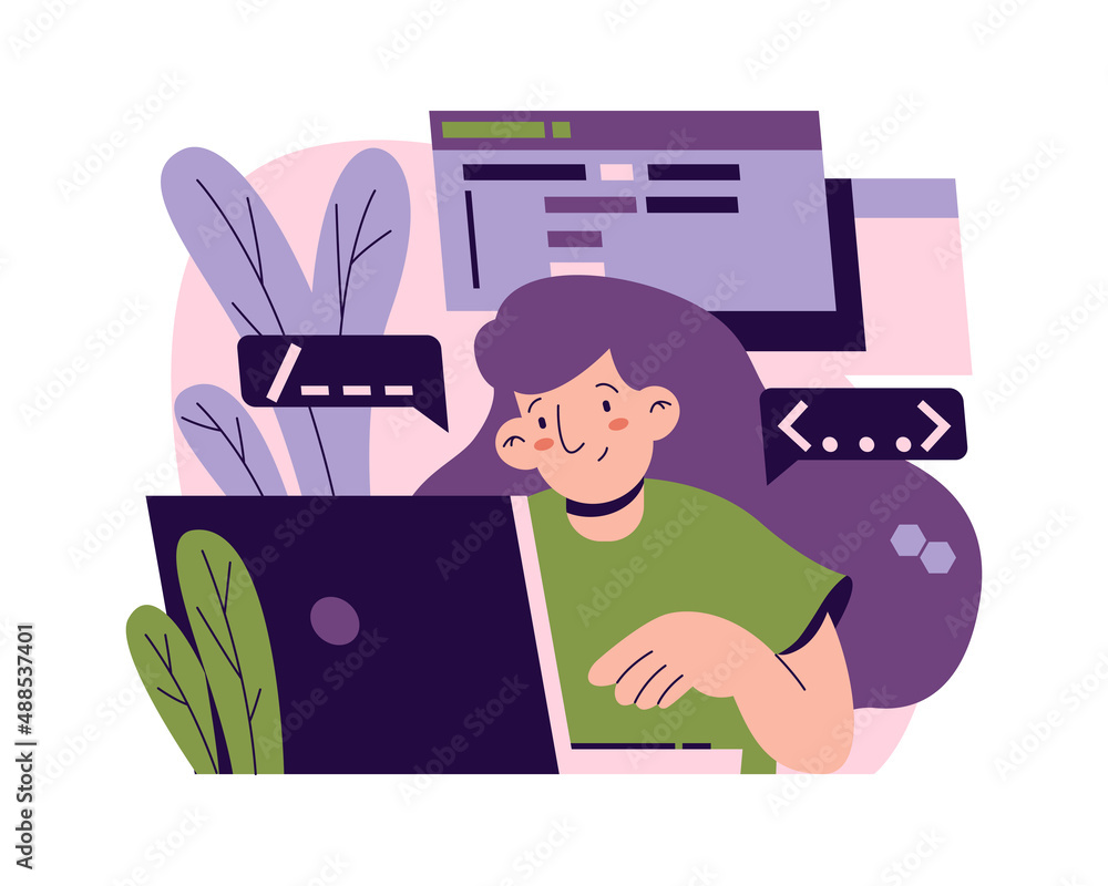 Aufkleber Female character working on software development and improvement. Vector woman with laptop, cartoon gadgets devices, coder writing scripts for applications or websites. Worker in office or home