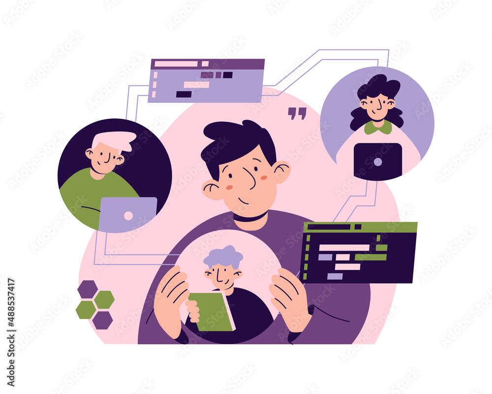 Poster Team working on project discussing details of software development via video conference. Vector communication on workspace, cartoon streaming and sharing ideas on improvement of website or application