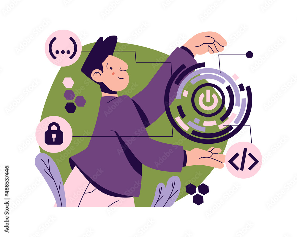Aufkleber Improvement of button functions during software development, programmer with star power sign. Vector launching application or website in internet. Developer and programming codes, cartoon security