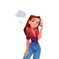 Teenage girl think on question, confused woman in doubts looking for answers and solutions. Vector pondering on decision, brainstorming and solving or choosing. Woman with thought bubble and mark