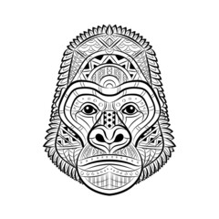 Gorilla face. Portrait of Big Mountain Gorilla isolated on white background. Painted ethnic ornament. Africans design. May be used for the design of t-shirts, bags, postcard, posters, banner. Logo.
