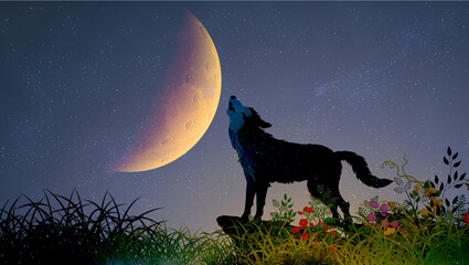 Howling wolf landscape with night sky and full moon