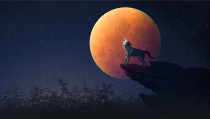 Fototapeta na wymiar Wolf landscape howling in the night sky with full moon