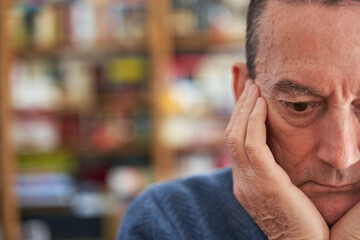 Memory loss concept. Senior citizen thinking with hands on face