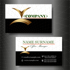 Company contact card. A two-sided image of a business card with a logo and contact details. Vector illustration. Modern business card template design.