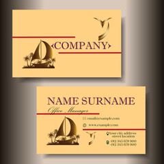 A business card for a marine company and a marine holiday. Company contact card. A two-sided image of a business card with a logo and contact details.  Modern business card template design. 