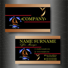A business card for a marine company and a marine holiday. Company contact card. A two-sided image of a business card with a logo and contact details.  Modern business card template design. 