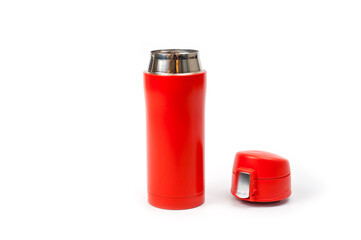 Thermos cup with red-orange vacuum lid for long-term storage of hot and cold drinks. For fitness and travel.