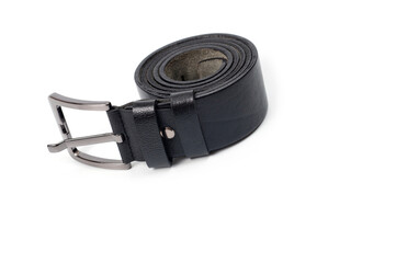 Black leather belt with a classic metal buckle for men's trousers and jeans.