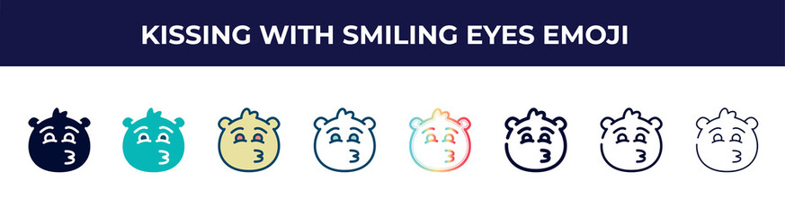 kissing with smiling eyes emoji icon in 8 styles. line, filled, glyph, thin outline, colorful, stroke and gradient styles, kissing with smiling eyes emoji vector sign. symbol, logo illustration.