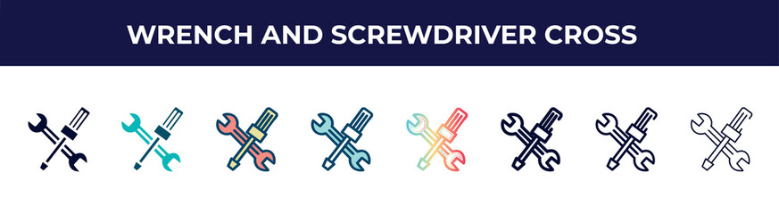 wrench and screwdriver cross icon in 8 styles. line, filled, glyph, thin outline, colorful, stroke and gradient styles, wrench and screwdriver cross vector sign. symbol, logo illustration. different