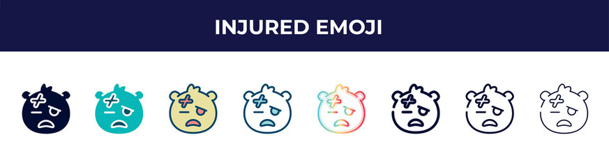 Fototapeta premium injured emoji icon in 8 styles. line, filled, glyph, thin outline, colorful, stroke and gradient styles, injured emoji vector sign. symbol, logo illustration. different style icons set.
