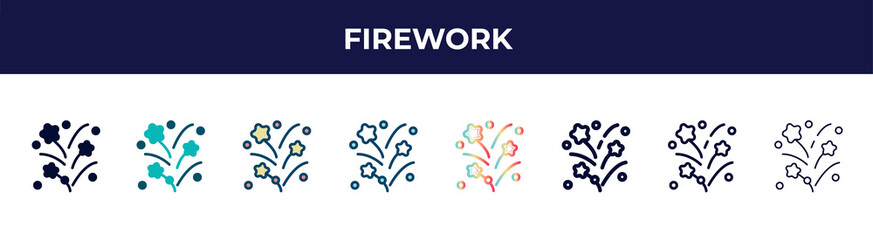 firework icon in 8 styles. line, filled, glyph, thin outline, colorful, stroke and gradient styles, firework vector sign. symbol, logo illustration. different style icons set.