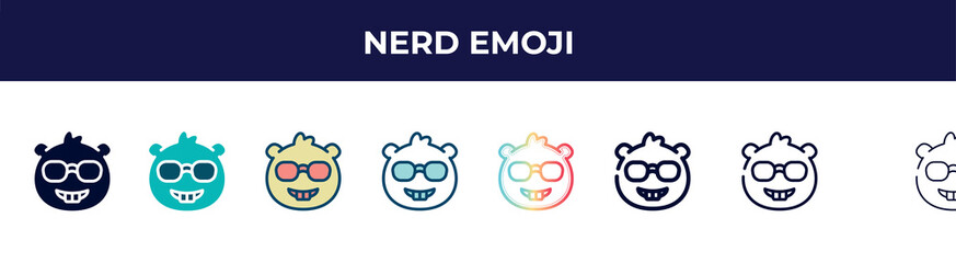 nerd emoji icon in 8 styles. line, filled, glyph, thin outline, colorful, stroke and gradient styles, nerd emoji vector sign. symbol, logo illustration. different style icons set.