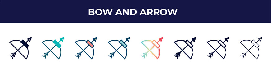 bow and arrow icon in 8 styles. line, filled, glyph, thin outline, colorful, stroke and gradient styles, bow and arrow vector sign. symbol, logo illustration. different style icons set.