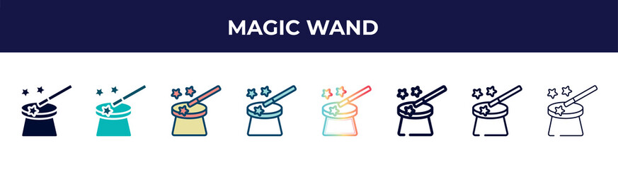 magic wand icon in 8 styles. line, filled, glyph, thin outline, colorful, stroke and gradient styles, magic wand vector sign. symbol, logo illustration. different style icons set.