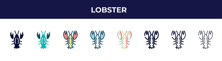 lobster icon in 8 styles. line, filled, glyph, thin outline, colorful, stroke and gradient styles, lobster vector sign. symbol, logo illustration. different style icons set.