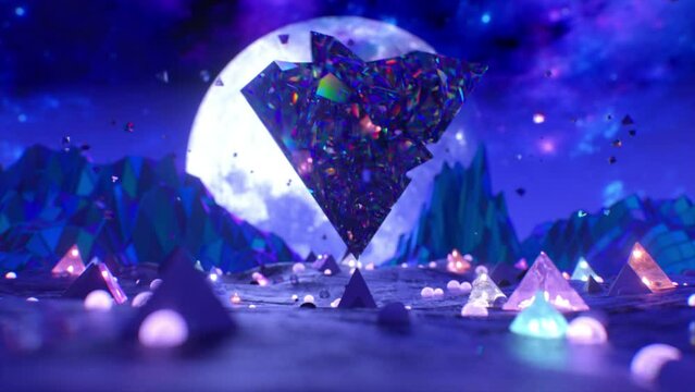 The glass pyramid breaks apart and rotates over the surface of the planet. Moon. 3d animation of seamless loop