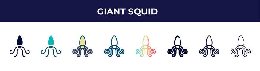 giant squid icon in 8 styles. line, filled, glyph, thin outline, colorful, stroke and gradient styles, giant squid vector sign. symbol, logo illustration. different style icons set.