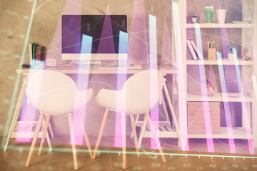 Multi exposure of stock market chart drawing and office interior background. Concept of financial analysis.