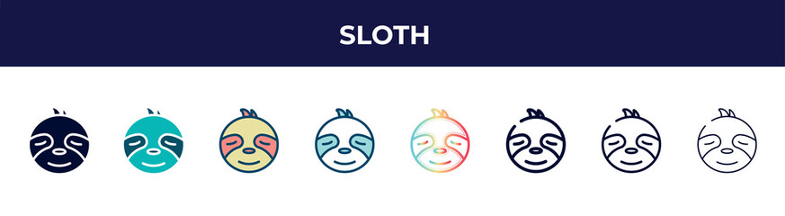 sloth icon in 8 styles. line, filled, glyph, thin outline, colorful, stroke and gradient styles, sloth vector sign. symbol, logo illustration. different style icons set. © VectorStockDesign