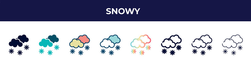 snowy icon in 8 styles. line, filled, glyph, thin outline, colorful, stroke and gradient styles, snowy vector sign. symbol, logo illustration. different style icons set.