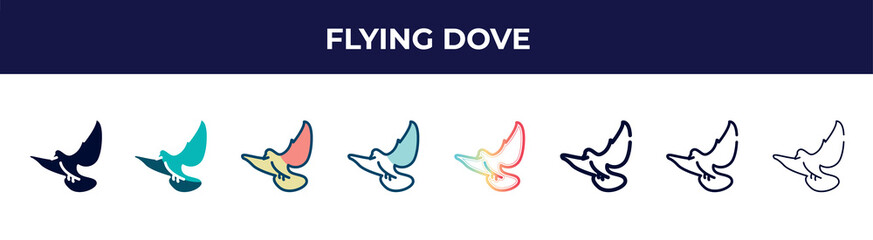 flying dove icon in 8 styles. line, filled, glyph, thin outline, colorful, stroke and gradient styles, flying dove vector sign. symbol, logo illustration. different style icons set.
