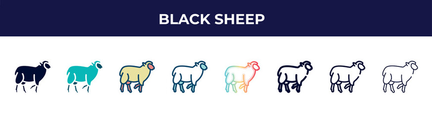 black sheep icon in 8 styles. line, filled, glyph, thin outline, colorful, stroke and gradient styles, black sheep vector sign. symbol, logo illustration. different style icons set.