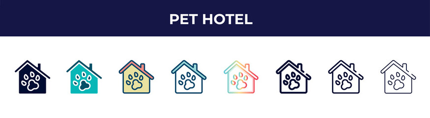 pet hotel icon in 8 styles. line, filled, glyph, thin outline, colorful, stroke and gradient styles, pet hotel vector sign. symbol, logo illustration. different style icons set.