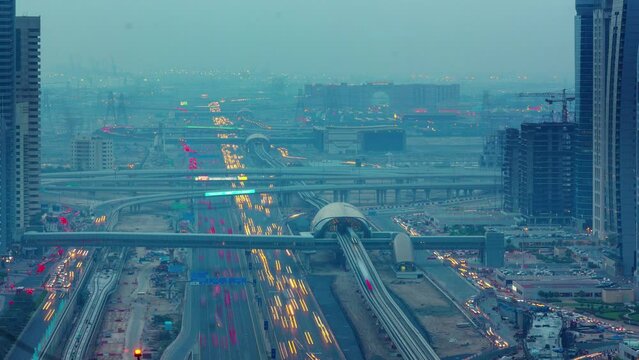 dubai night light city downtown traffic streets 4k timelapse uae
