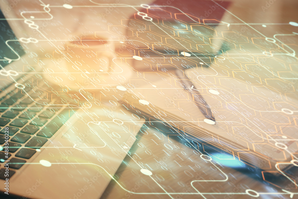 Poster double exposure of technology theme drawing and desktop with coffee and items on table background. c