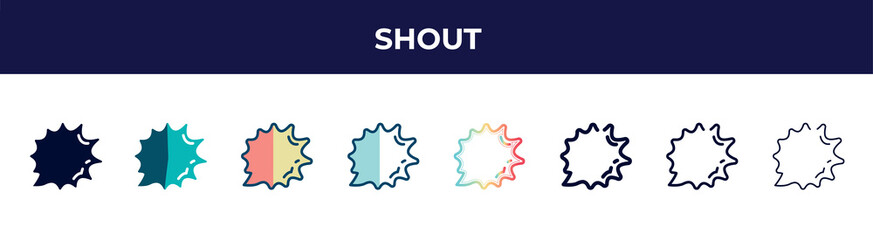 shout icon in 8 styles. line, filled, glyph, thin outline, colorful, stroke and gradient styles, shout vector sign. symbol, logo illustration. different style icons set.