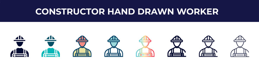 constructor hand drawn worker icon in 8 styles. line, filled, glyph, thin outline, colorful, stroke and gradient styles, constructor hand drawn worker vector sign. symbol, logo illustration.