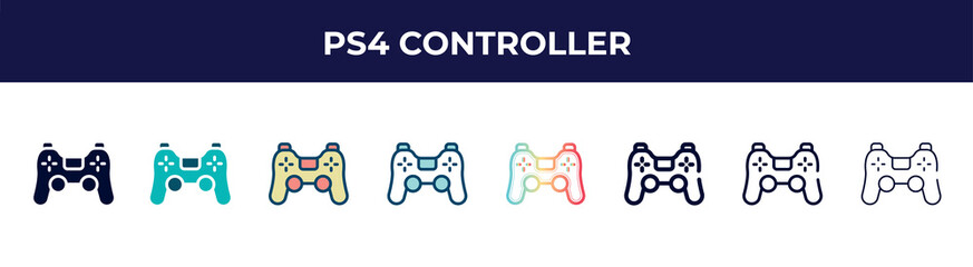 ps4 controller icon in 8 styles. line, filled, glyph, thin outline, colorful, stroke and gradient styles, ps4 controller vector sign. symbol, logo illustration. different style icons set. © VectorStockDesign