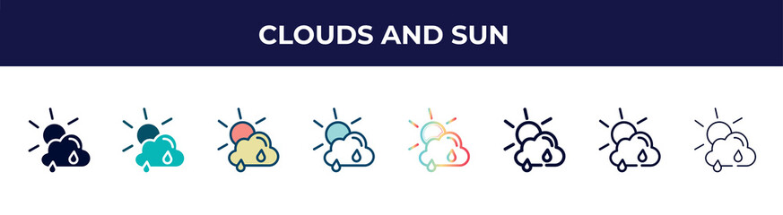 clouds and sun icon in 8 styles. line, filled, glyph, thin outline, colorful, stroke and gradient styles, clouds and sun vector sign. symbol, logo illustration. different style icons set.