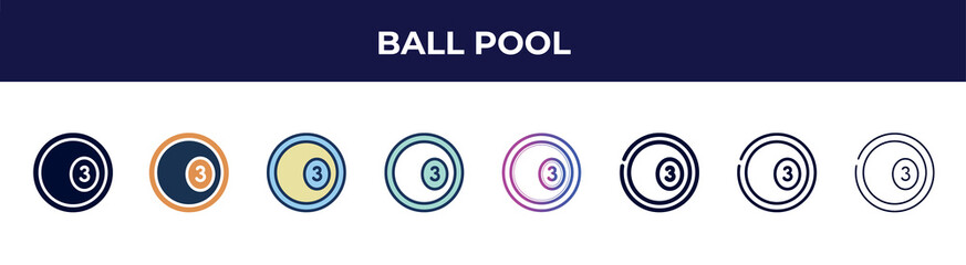 ball pool icon in 8 styles. line, filled, glyph, thin outline, colorful, stroke and gradient styles, ball pool vector sign. symbol, logo illustration. different style icons set.