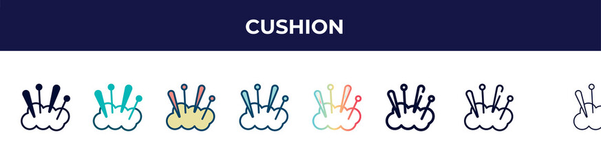 cushion icon in 8 styles. line, filled, glyph, thin outline, colorful, stroke and gradient styles, cushion vector sign. symbol, logo illustration. different style icons set.