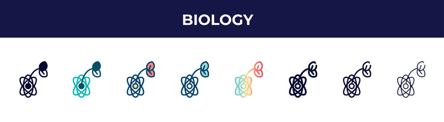 biology icon in 8 styles. line, filled, glyph, thin outline, colorful, stroke and gradient styles, biology vector sign. symbol, logo illustration. different style icons set.