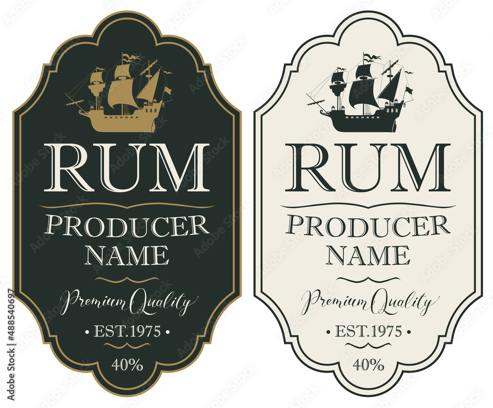 Poster set of vector labels for rum in retro style with old sailing ships and inscriptions in a figured fra