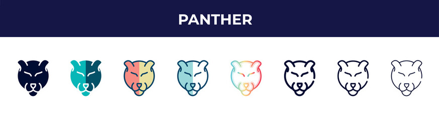 panther icon in 8 styles. line, filled, glyph, thin outline, colorful, stroke and gradient styles, panther vector sign. symbol, logo illustration. different style icons set.