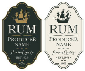 Set of vector labels for rum in retro style with old sailing ships and inscriptions in a figured frames. Collection of strong alcoholic beverages premium quality, iced in oak - obrazy, fototapety, plakaty